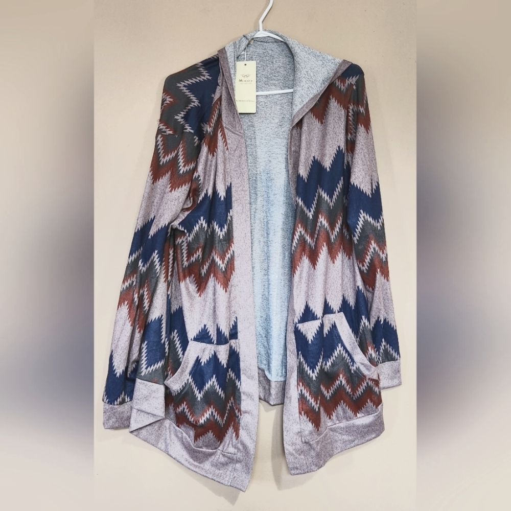 NWT Miusey Cardigan Hoodie Chevron, Grey/Brown/Blue/Green, Sz 2XL, 2 Pockets